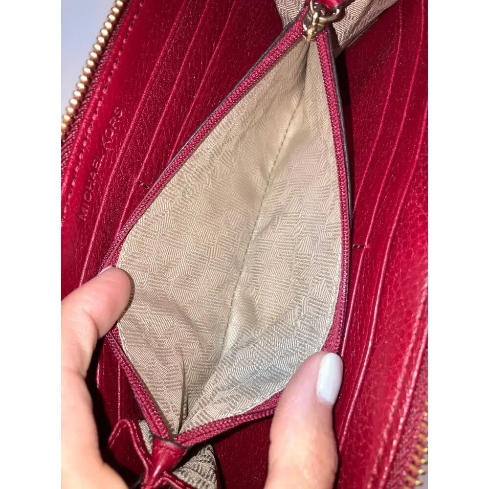 MICHAEL KORS, LARGE RED PEBBLED LEATHER WALLET